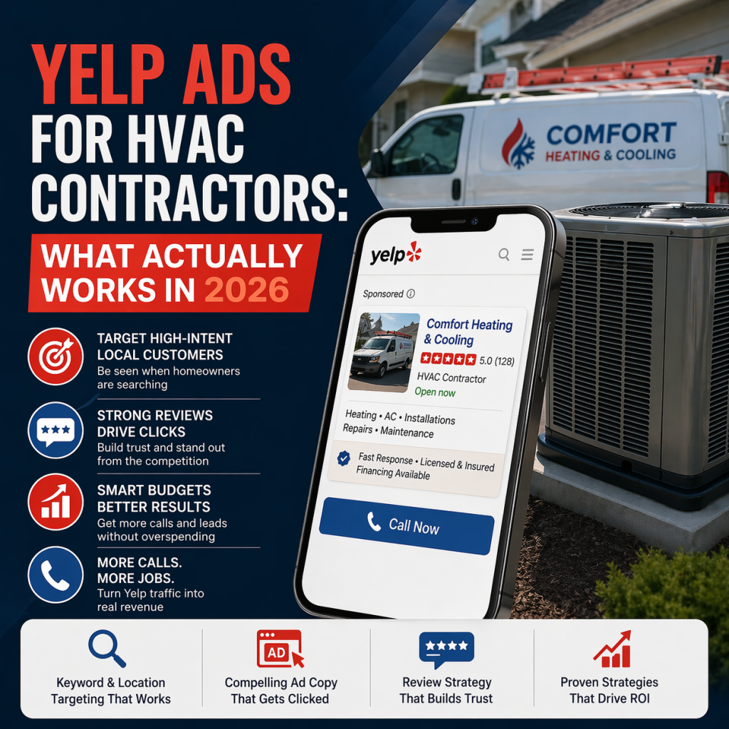 When an air conditioner fails in the middle of summer, homeowners do not spend hours researching options. They search fast, compare quickly, and contact the company that looks trustworthy and responds first. That is why Yelp can be one of the highest-intent lead channels for HVAC contractors. But it only works when the campaign, profile, and follow-up process are all dialed in.

Many HVAC companies try Yelp, get inconsistent results, and assume the channel does not work. In reality, most underperforming campaigns fail for reasons that are easy to identify: weak response systems, poor service-area targeting, generic profile copy, weak media, and flat budget allocation during seasonal swings.