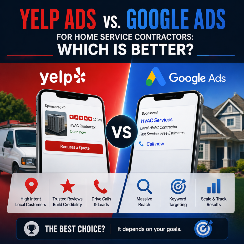 Compare CPC, lead quality, budget minimums, and real use cases to decide whether Yelp, Google, or both make the most sense for your business.

Every home service contractor eventually asks the same question: should we invest in Yelp ads, Google Ads, or both? The honest answer is that both channels can work, but they do not work the same way. The best choice depends on your budget, your market, and what type of leads you want.

Google captures demand at the search-query level. A homeowner types what they need, sees ads, and clicks. Yelp usually captures users a little later in the process - after they already know they need a service and want to compare local companies. That difference in user behavior changes both lead quality and cost structure.