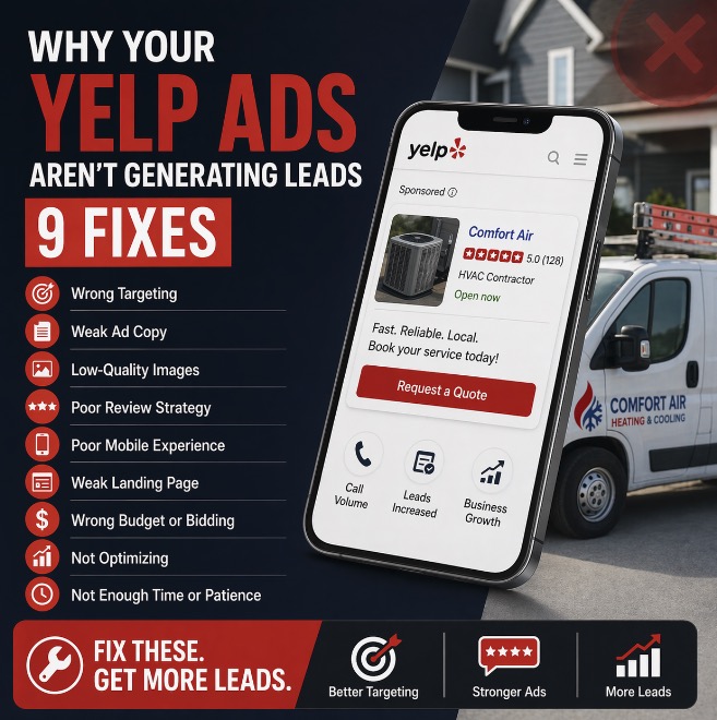 9 common reasons Yelp campaigns underperform for contractors, ranked by how often we find them in real account audits.

If you are spending money on Yelp ads and not getting leads, the problem usually is not Yelp itself. In most cases, the issue is something specific inside the campaign, the business profile, or the way incoming leads are handled. The good news is that these issues are usually fixable once you know where to look.

When we audit underperforming Yelp accounts for home service contractors, we almost never find one single massive problem. We usually find a combination of smaller issues that compound: slow response time, weak media, poor targeting, low review strength, limited tracking, or the wrong agency strategy.