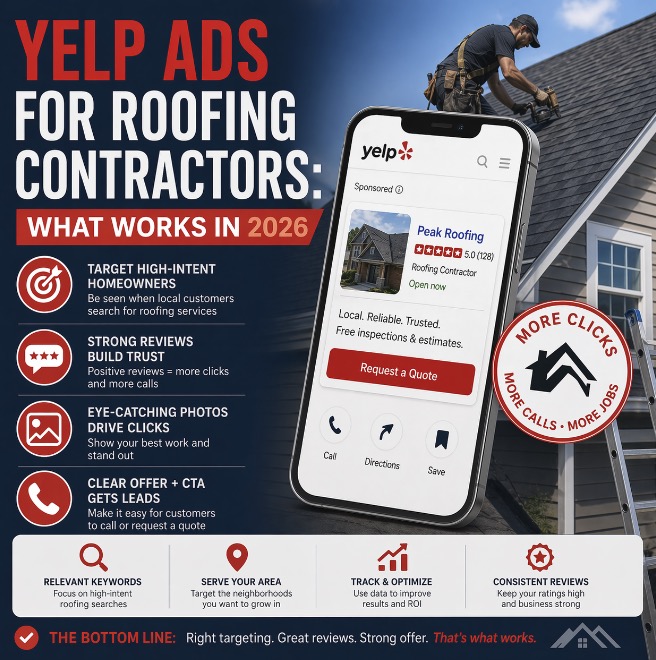 Roofing Yelp ads playbook for 2026, including reviews, profile strategy, response process, geography, and realistic budget expectations.

Roofing is one of the more complex home service categories on Yelp. It is high-ticket, highly visual, and often tied to a longer decision cycle than emergency categories like plumbing or HVAC. That makes roofing one of the most profitable verticals on Yelp when managed correctly - and one of the easiest places to waste money when the execution is weak.

The reason is simple: roofing prospects usually do more comparison before they reach out. They look at reviews, scan project photos, compare positioning, and assess whether the company feels trustworthy enough for a major project. That means roofing success on Yelp depends heavily on the strength of the profile, not just the ad budget.