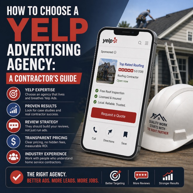 What to look for in a Yelp ads agency, what to ask on the first call, and which red flags should make you walk away.

If you are evaluating Yelp advertising agencies, there is a good chance you have already tried to run Yelp yourself or worked with a generalist marketing company that treated it like an afterthought. That is a common experience. Yelp is a specialized channel, and the difference between real management and surface-level management is usually obvious in the results.

The challenge is that many agencies sound good on the sales call. They say the right words, show polished decks, and promise performance. But very few can explain how Yelp actually works for contractors, what makes one account outperform another, or how they tie ad spend back to booked revenue.